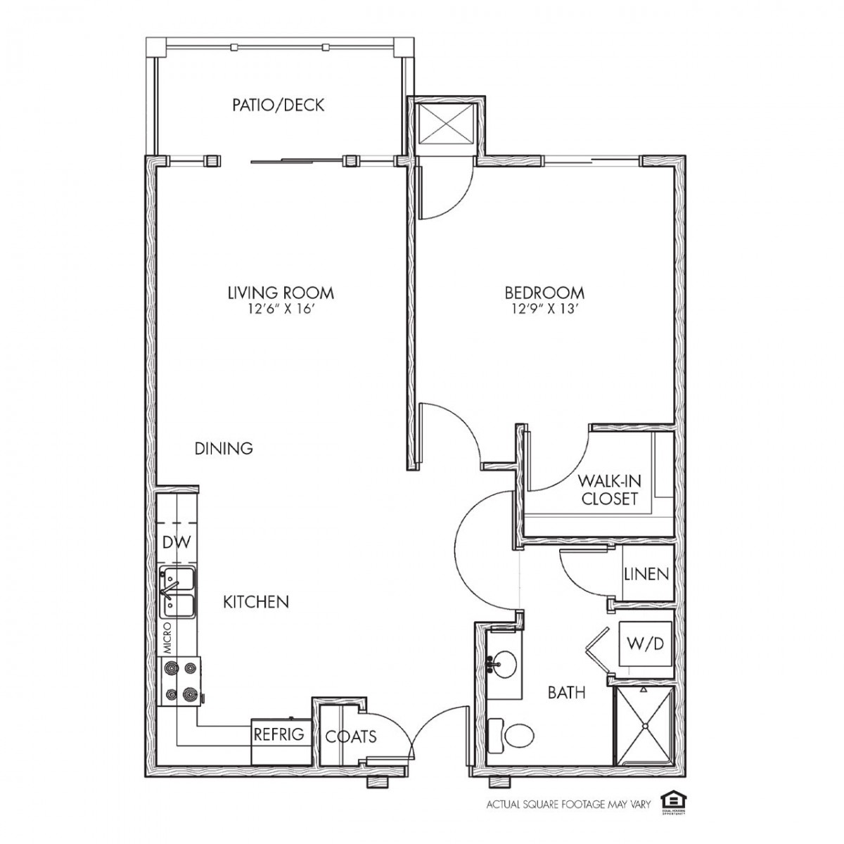 A one-bedroom apartment floor plan with living room, kitchen, bathroom, and balcony.
