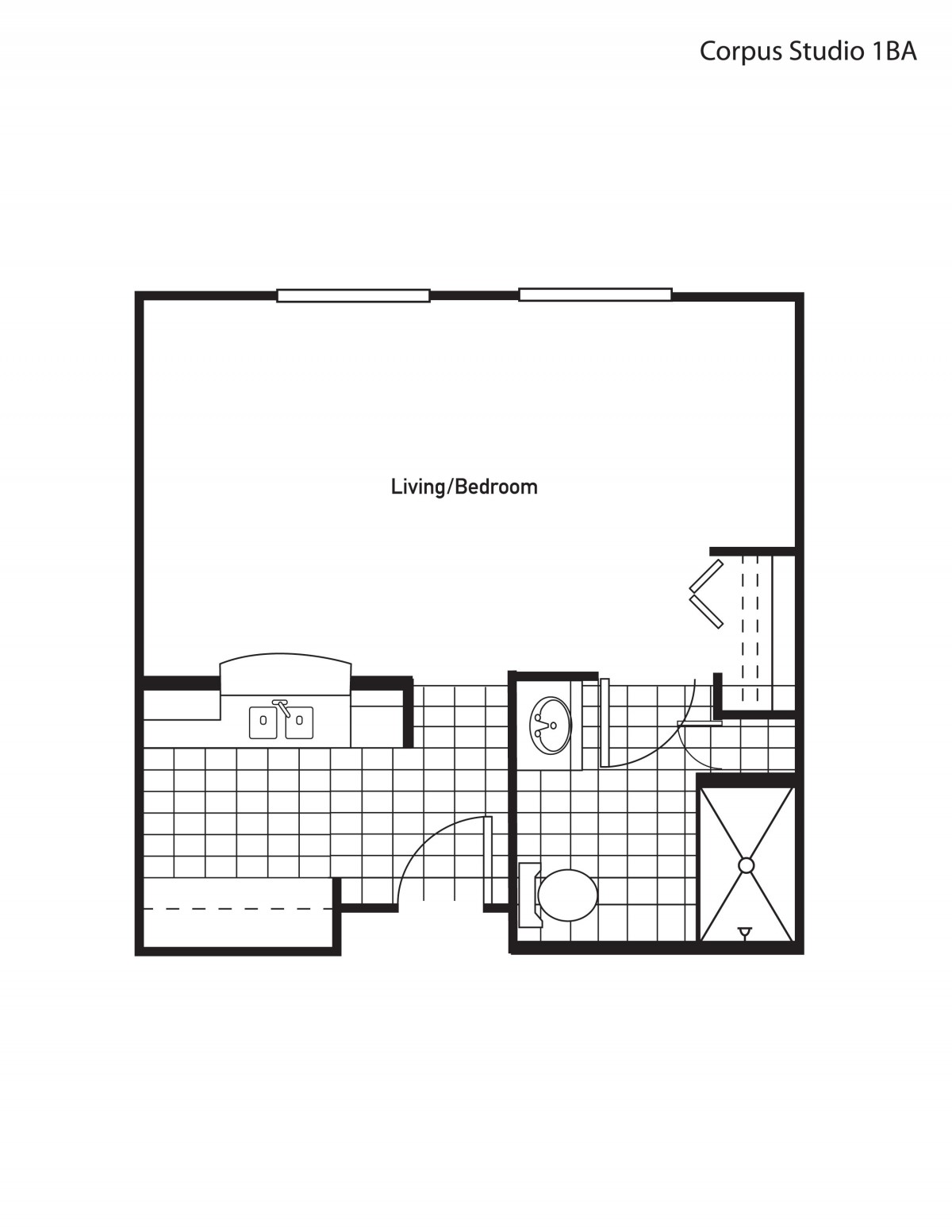 Studio apartment floor plan with living/bedroom, kitchen, and bathroom.