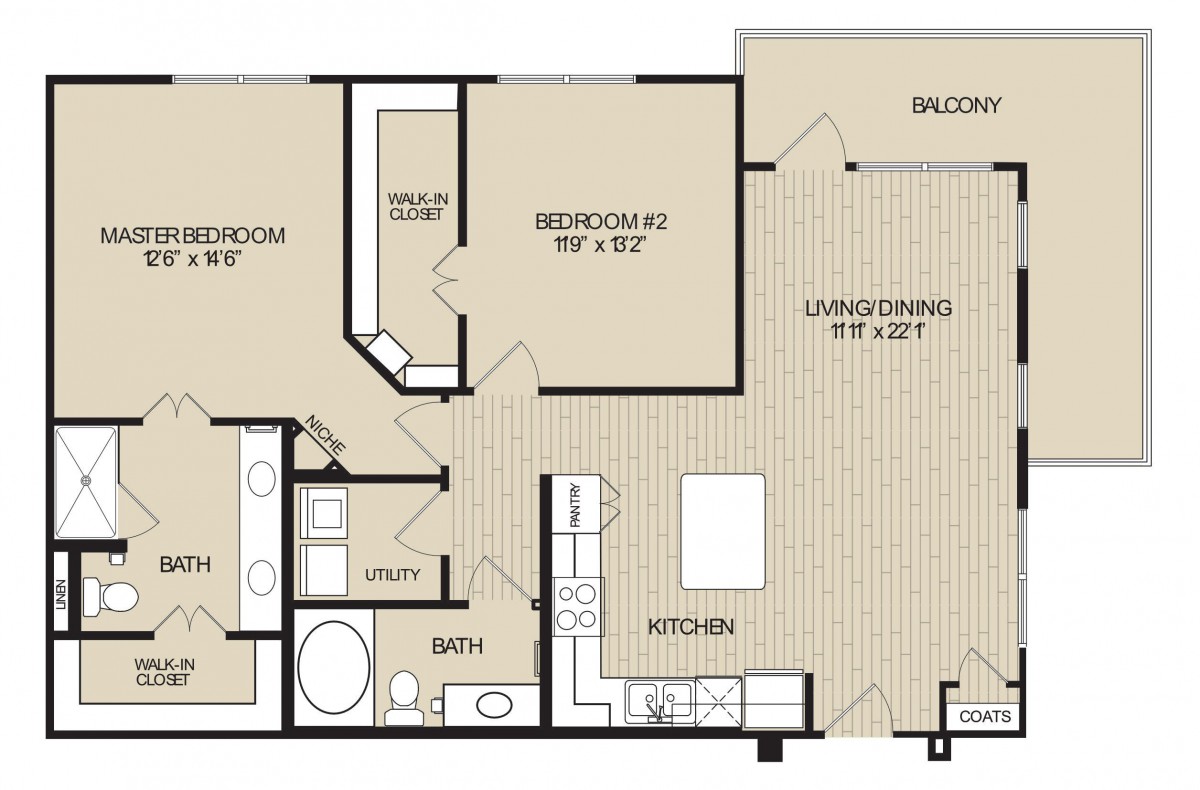 A detailed floor plan of a two-bedroom apartment with living room, kitchen, and balcony.
