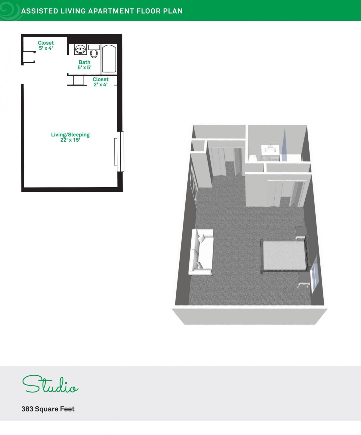 A floor plan and 3D model of a studio apartment layout.