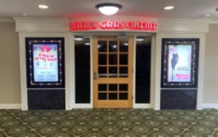 Entrance to a theater with posters and a neon sign.