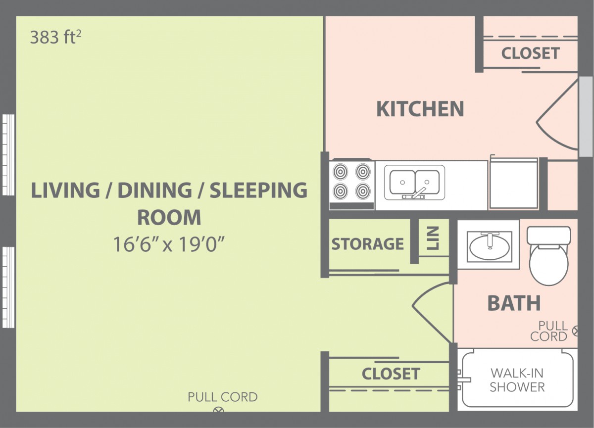 Studio apartment floor plan with kitchen, bathroom, and combined living/sleeping area.