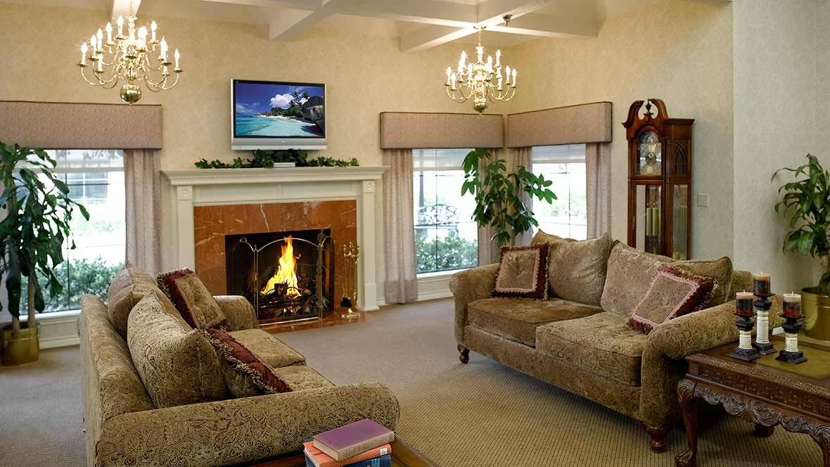 A cozy living room with a fireplace, comfortable sofas, a television, and elegant decor.