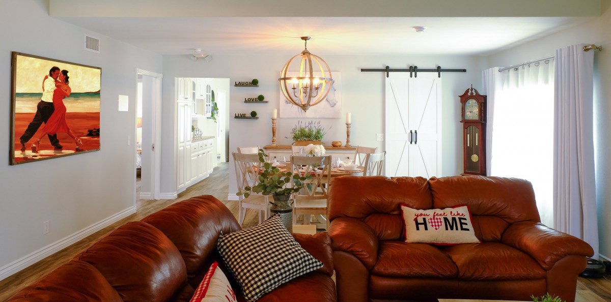 A cozy living room featuring leather sofas, modern decor, and a stylish pendant light.