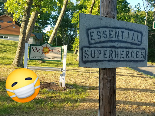 A whimsical take on essential services with a superhero twist in a natural setting.