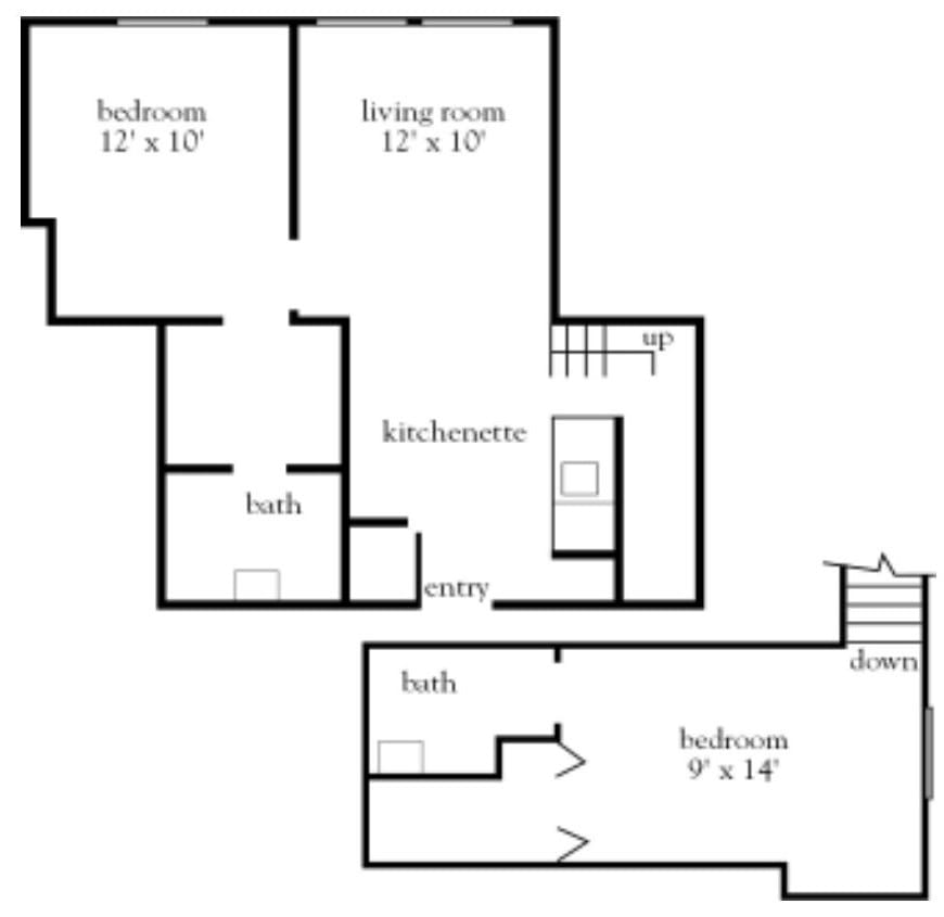A floor plan showing the layout of a two-story house with three bedrooms, a living room, kitchen, and bathroom.