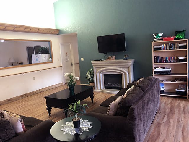 Cozy living room with a fireplace and modern decor.