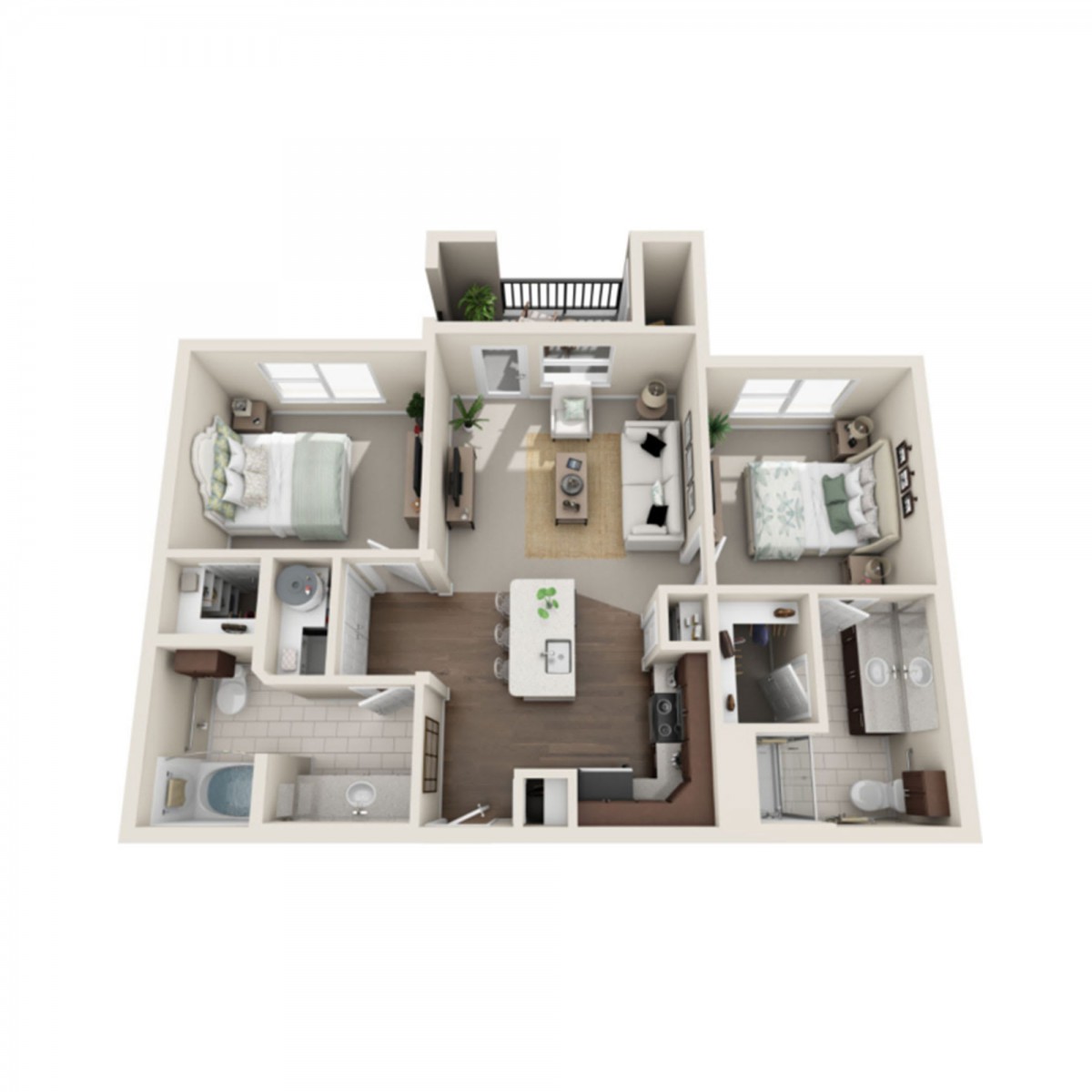 A 3D floor plan of a two-bedroom apartment with open living and dining areas.