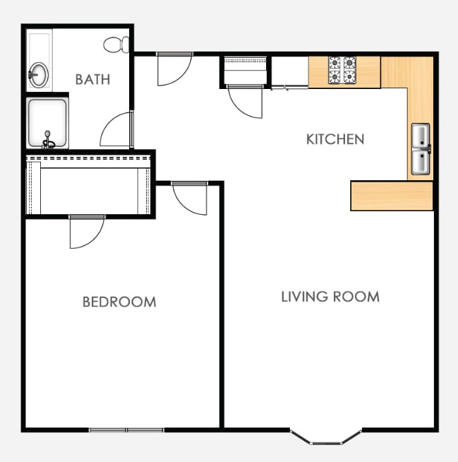 A floor plan of a one-bedroom apartment with a living room, kitchen, and bathroom.