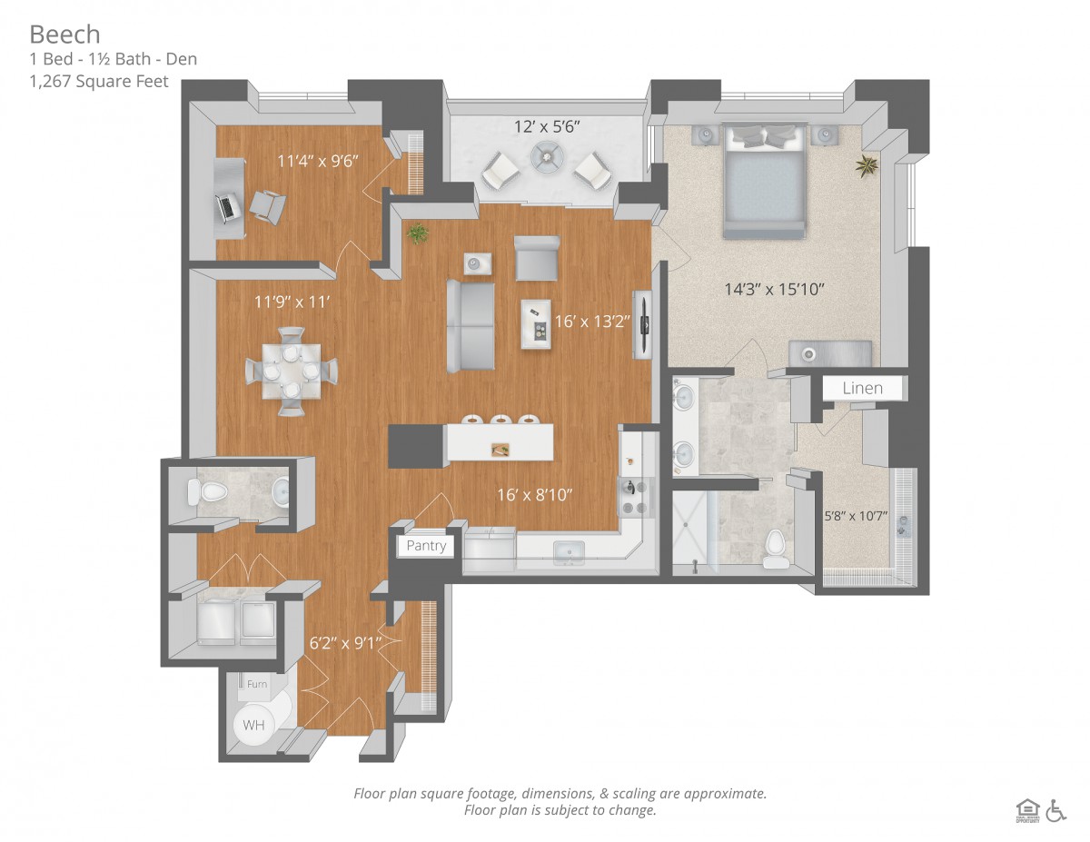 A detailed floor plan of an apartment showing the layout of rooms including the living area, kitchen, and bedrooms.