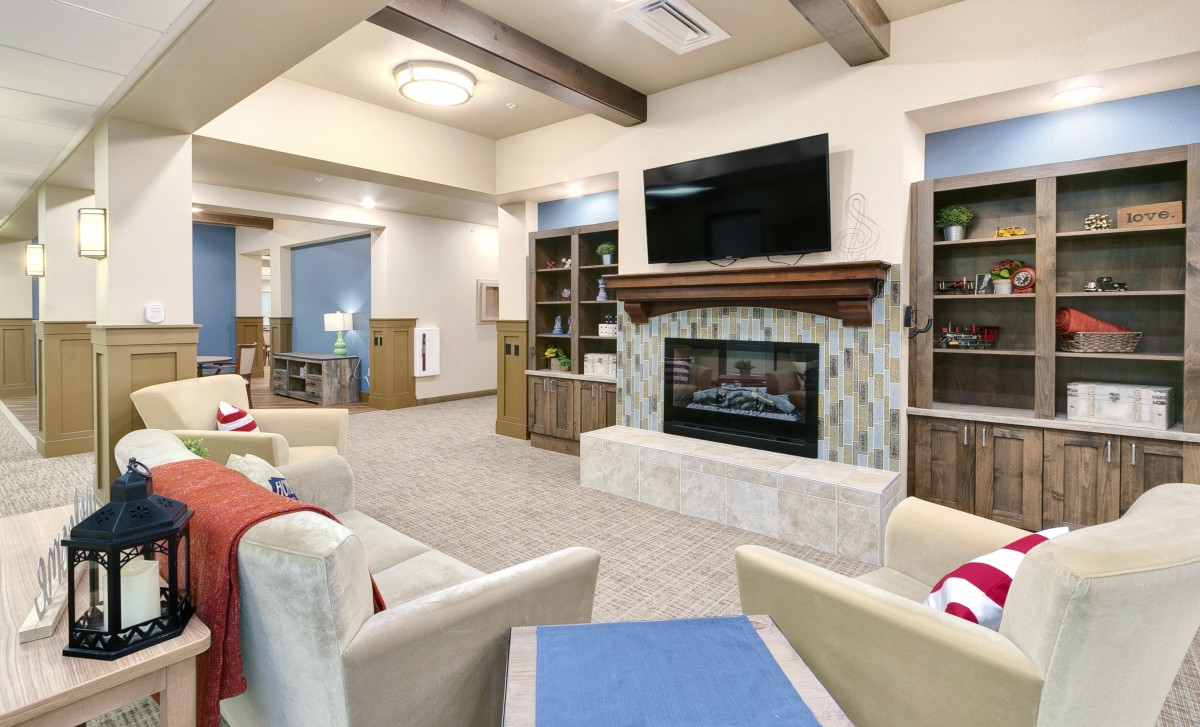 A modern living room featuring a cozy fireplace and a mounted television, surrounded by bookshelves and comfortable seating.