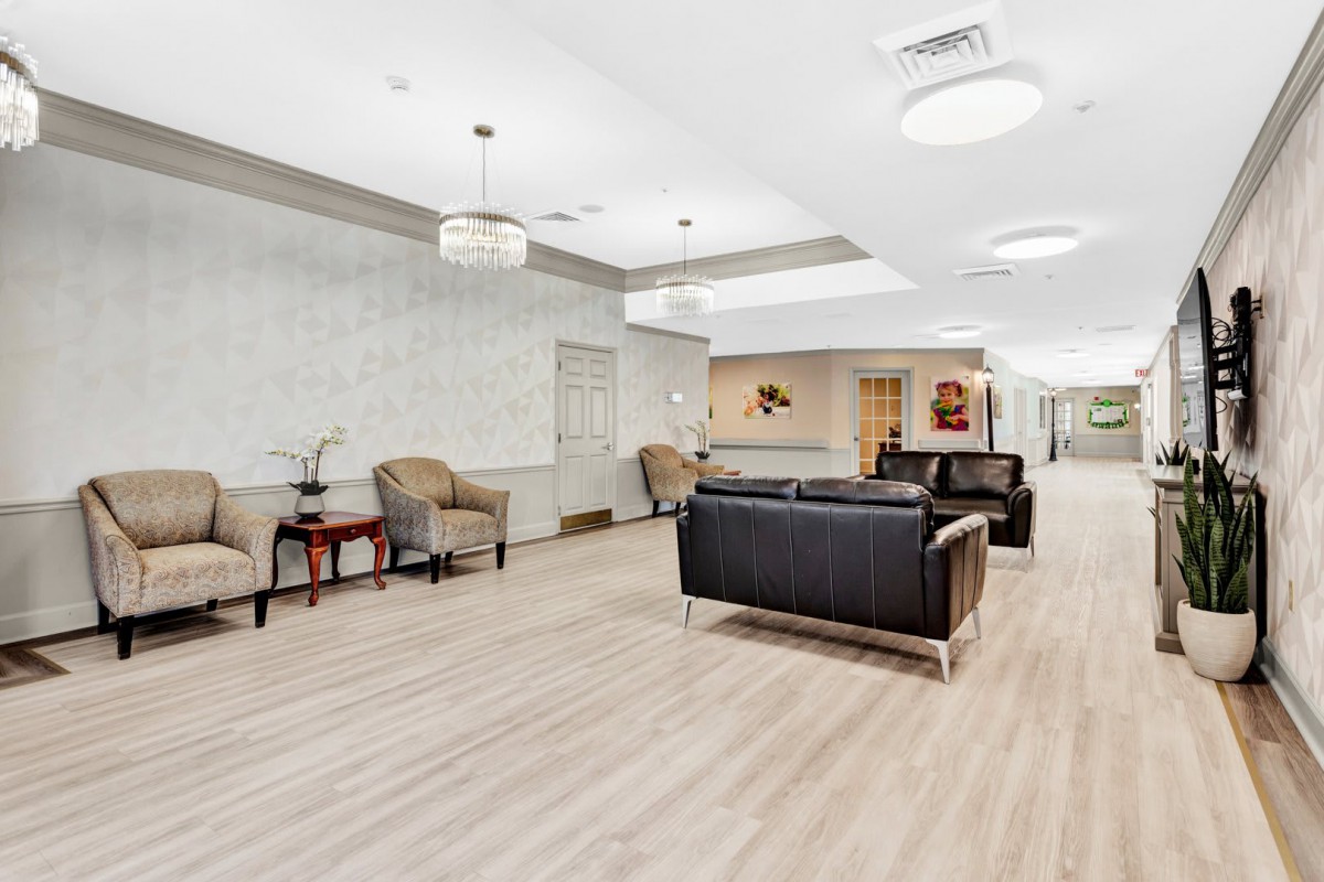 A modern lobby with comfortable seating and elegant decor.