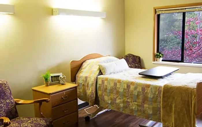 A cozy hospital room with a single bed, nightstand, and window.