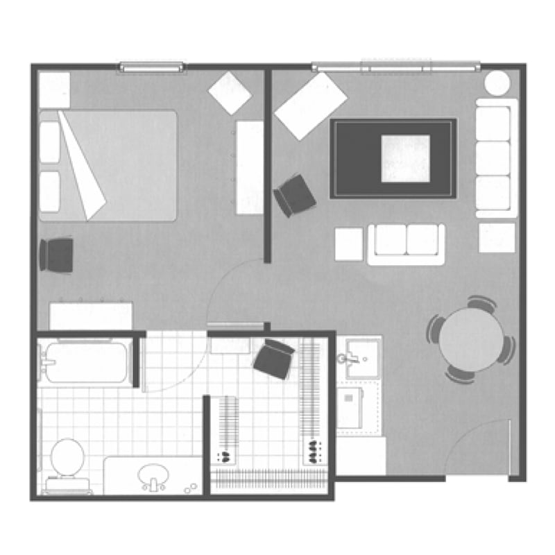 A floor plan of a one-bedroom apartment showing the layout of the living room, kitchen, bathroom, and bedroom.