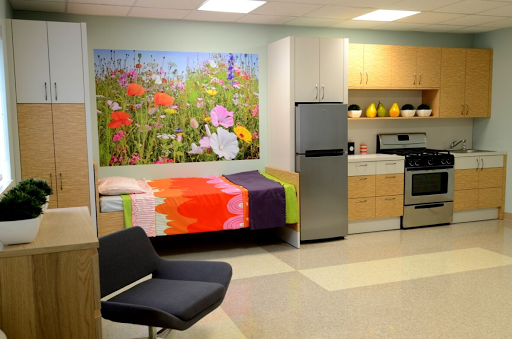 A modern room featuring a kitchenette, colorful bedding, and an artistic floral mural.