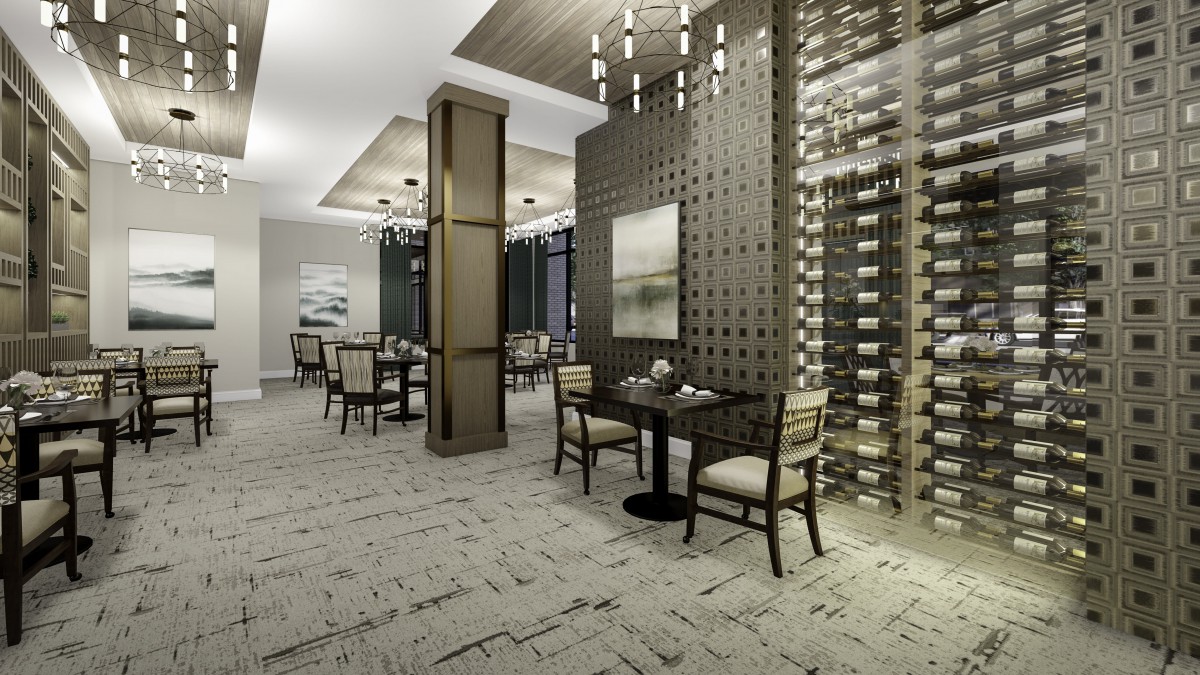 A modern restaurant interior featuring elegant dining spaces with wine racks and sophisticated lighting.