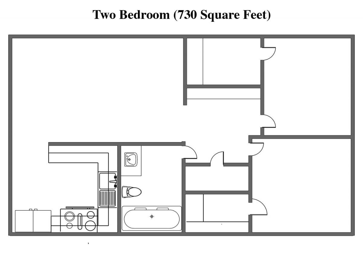 A floor plan of a two-bedroom apartment measuring 730 square feet.
