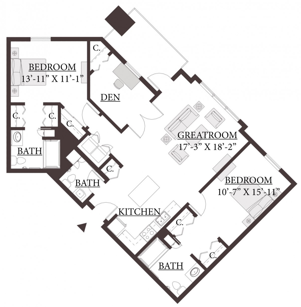 Floor plan of a two-bedroom apartment with a great room, kitchen, and den.