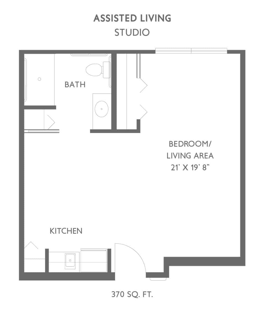 A floor plan of a studio apartment featuring a kitchen, bathroom, and combined bedroom/living area.