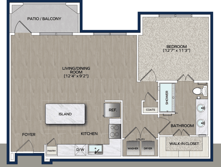 A detailed floor plan of a one-bedroom apartment featuring a living room, kitchen, bathroom, and balcony.