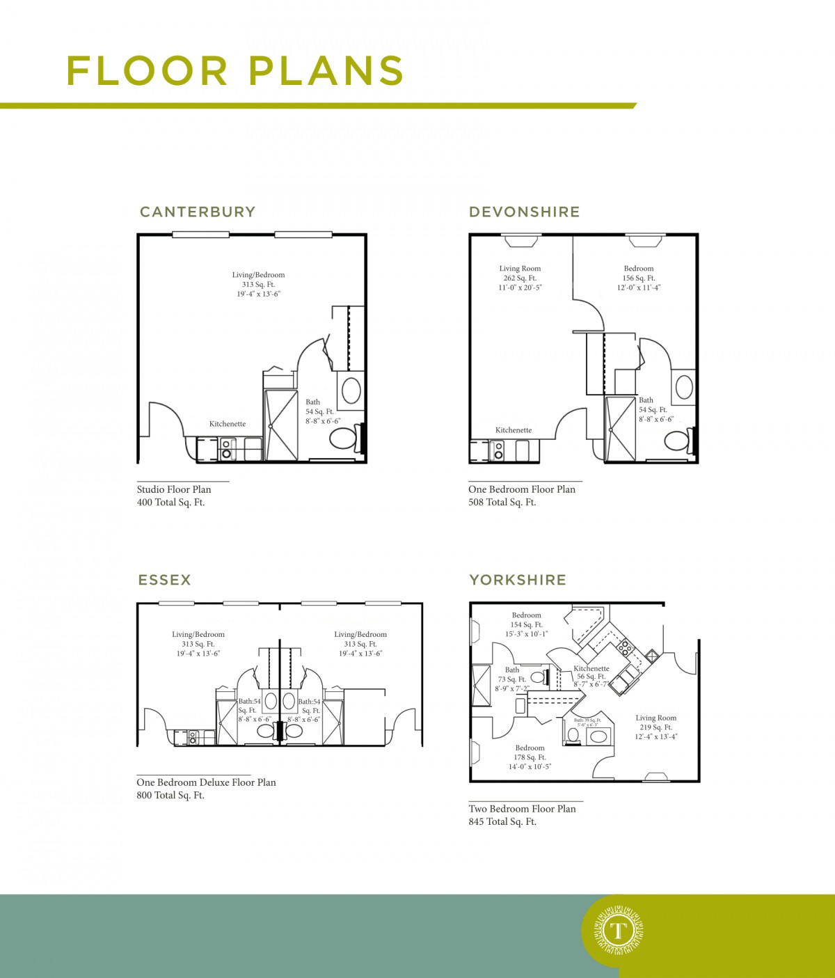 This image displays architectural floor plans for different living spaces, showcasing various room layouts.