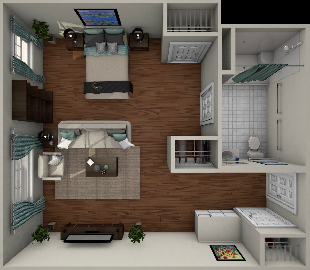 A 3D floor plan of a modern apartment featuring a bedroom, living area, kitchen, and bathroom.