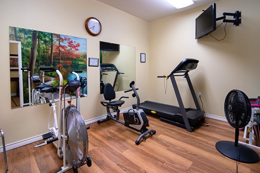 A compact home gym featuring a treadmill, stationary bike, and elliptical machine on wooden floors.