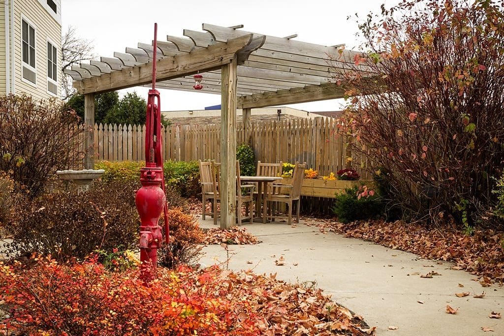 A serene garden patio with a wooden pergola and vibrant autumn foliage.