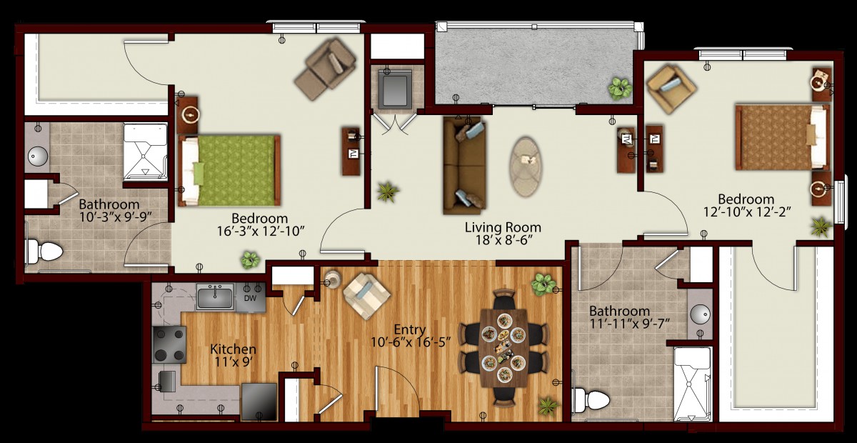 This is a floor plan of an apartment featuring two bedrooms, a living room, kitchen, bathroom, and dining area.