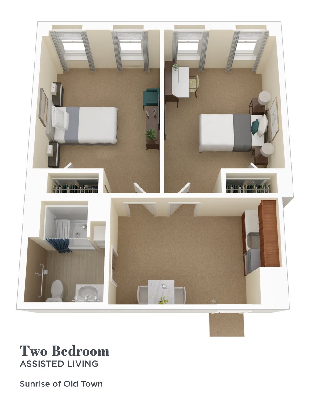 Two-bedroom apartment floor plan layout.