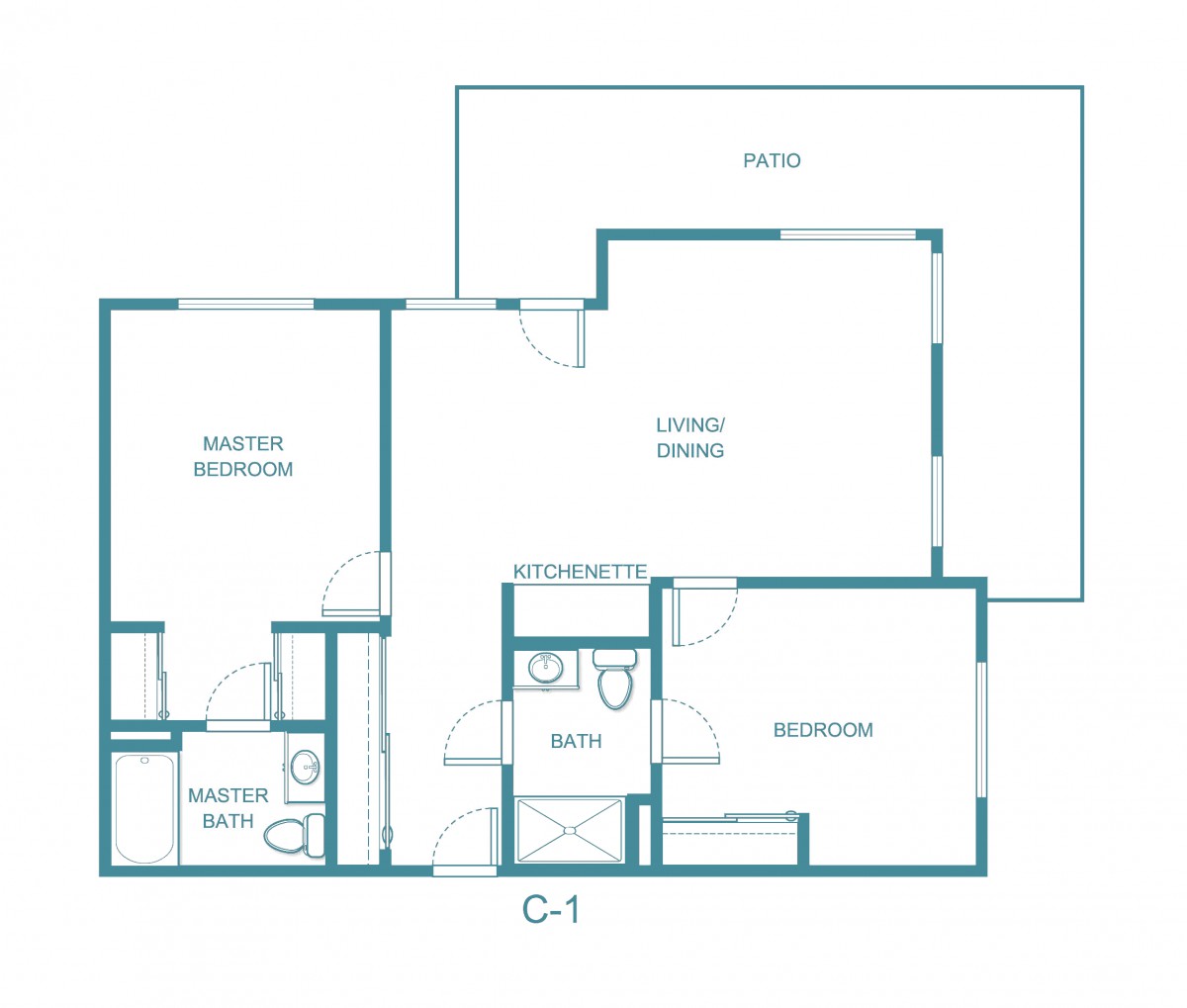 Floor plan of a residential apartment featuring two bedrooms, a living room, kitchen, and patio.