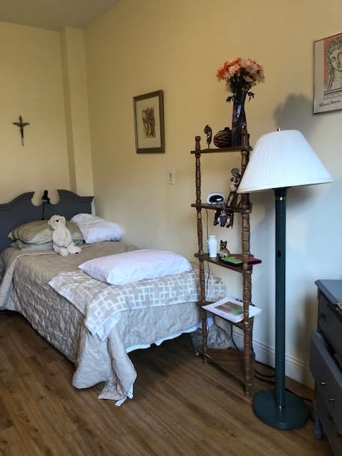 Cozy bedroom with a single bed and decorative shelving.