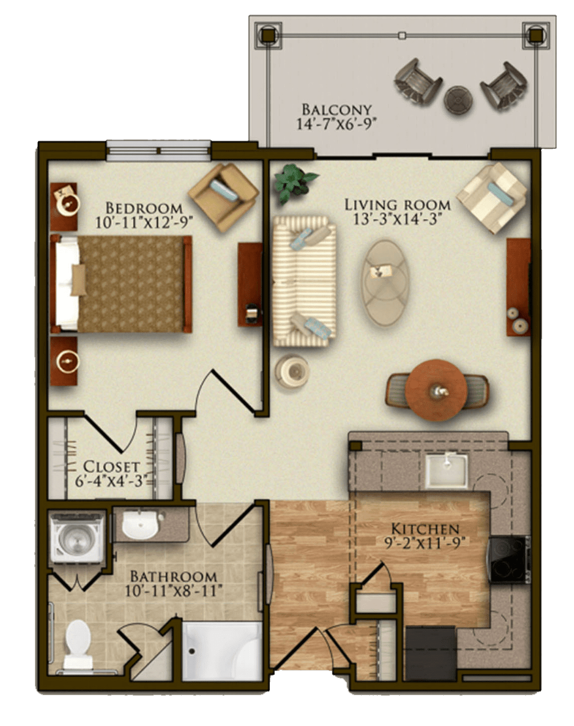 A floor plan of a two-bedroom apartment with labeled rooms and dimensions.