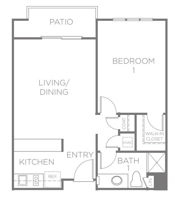A one-bedroom apartment floor plan featuring a living/dining area, kitchen, bathroom, and patio.