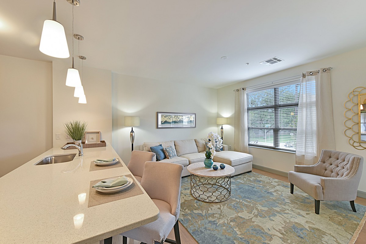 A modern, open-concept living room with stylish decor and abundant natural light.