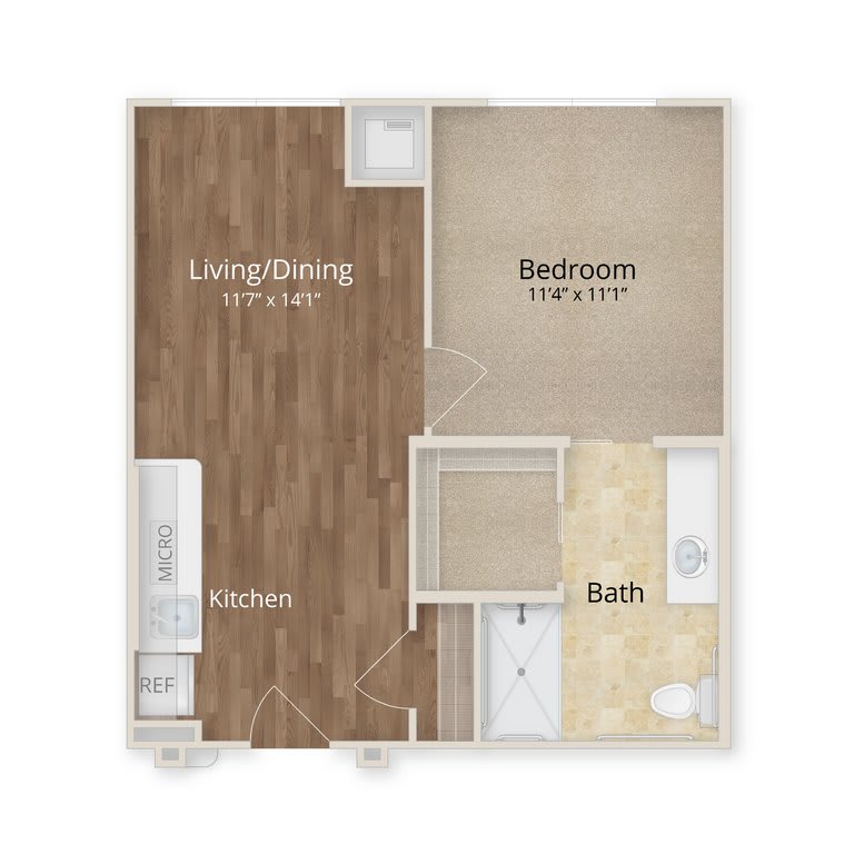 A floor plan of a one-bedroom apartment featuring a living/dining area, kitchen, bedroom, and bathroom.
