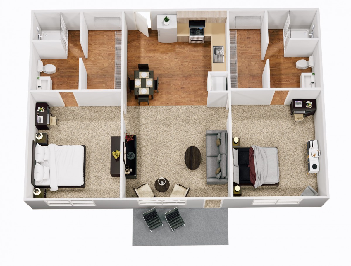 A 3D rendered floor plan of an apartment featuring two bedrooms, a kitchen, and a central living area.
