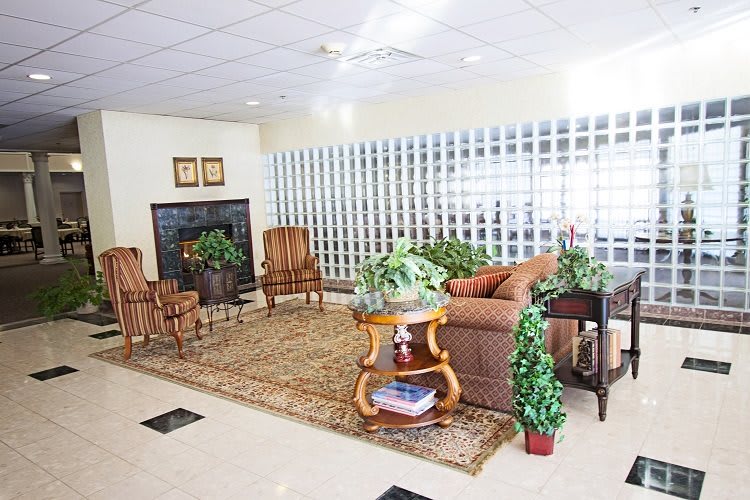 A cozy living room with elegant furniture, decorative plants, and a warm fireplace.
