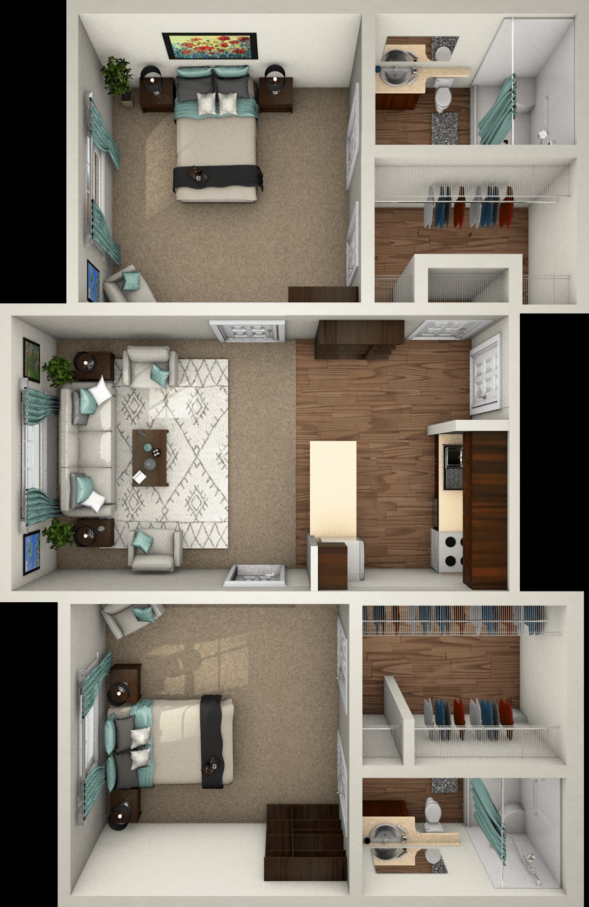 3D floor plan of a compact apartment featuring a living room, kitchen, and bedroom.
