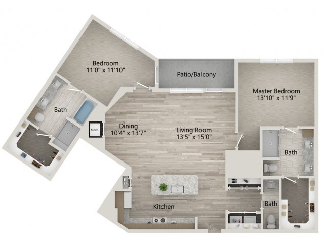 A detailed floor plan of a two-bedroom apartment, featuring a kitchen, living room, bathroom, and patio balcony.