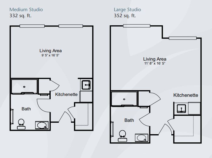 Comparison of two studio apartment floor plans with different layouts and square footage.