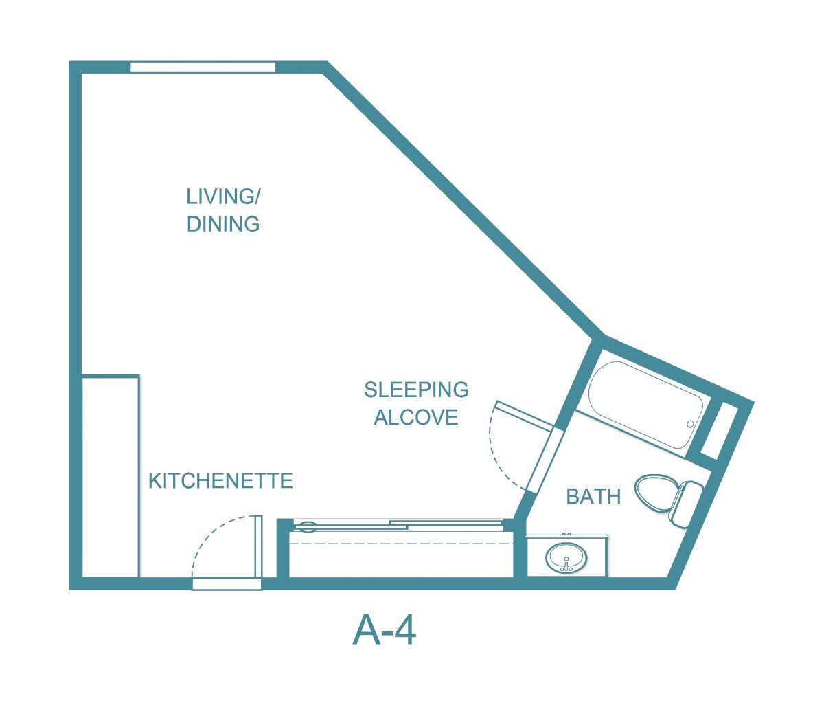 Studio apartment floor plan with living/dining area, kitchenette, sleeping alcove, and bathroom.