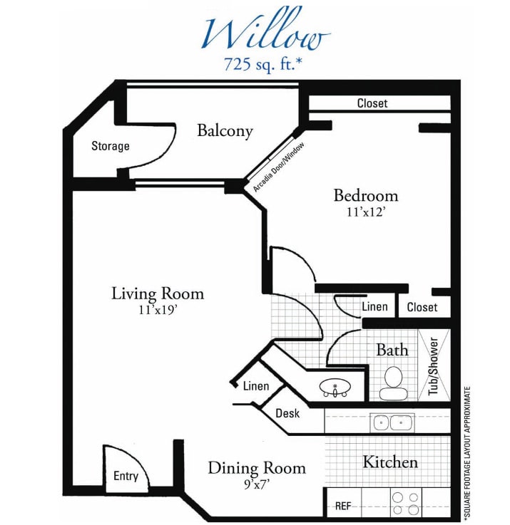 A floor plan of a one-bedroom apartment with a balcony, living room, kitchen, dining area, and bathroom.
