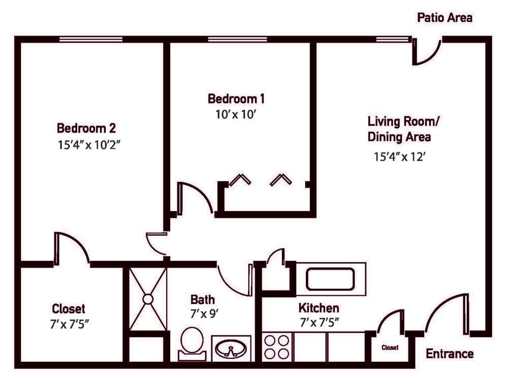 A floor plan depicting a two-bedroom apartment layout with dimensions for each room.