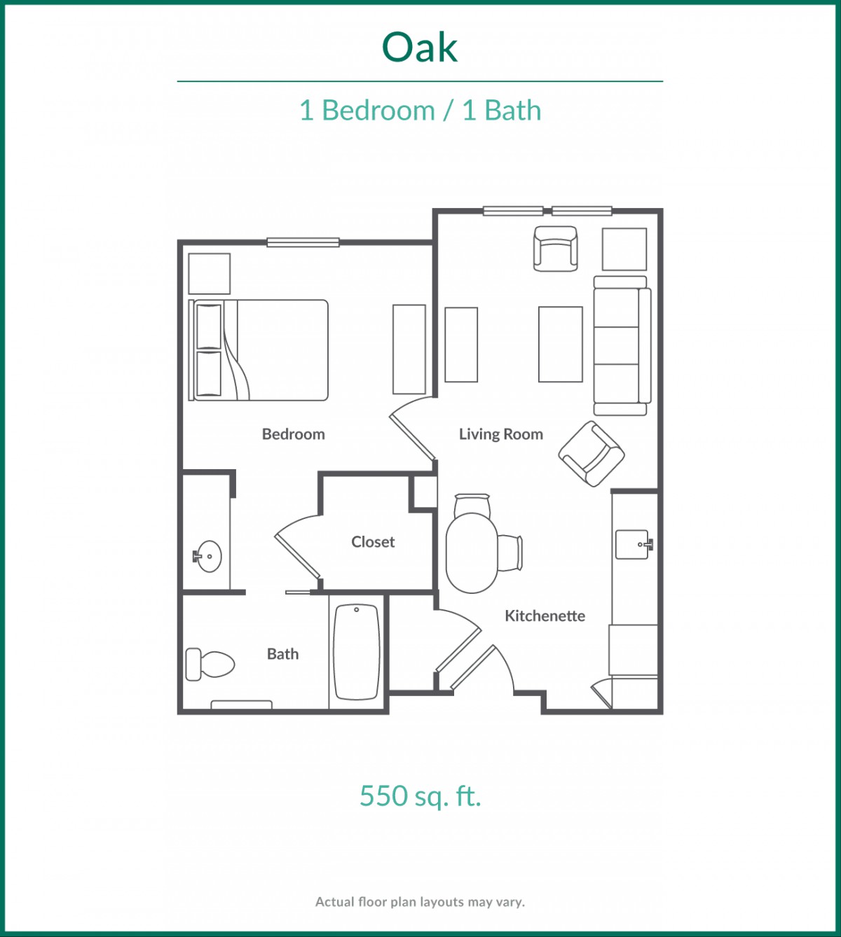A floor plan of a one-bedroom, one-bathroom apartment called 'Oak', measuring 500 square feet.