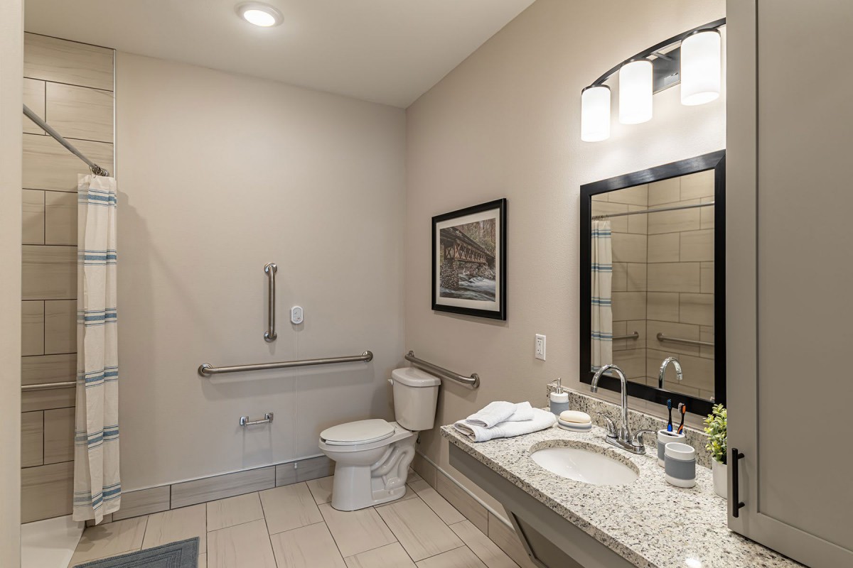 A modern bathroom with a toilet, sink, mirror, and handrails.