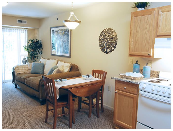 A cozy living and dining area with a sofa, dining table, chairs, and kitchen appliances.