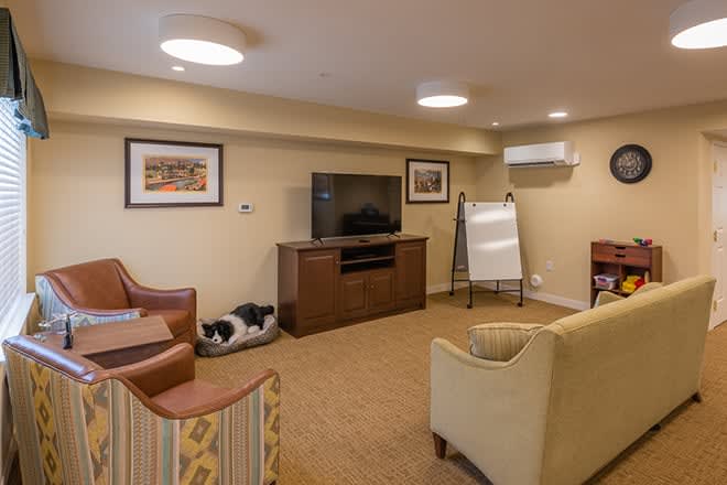 A cozy living room setup with a television, multiple chairs, and a cat bed.