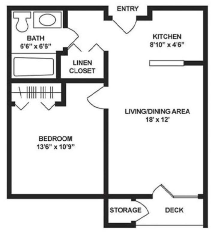 A floor plan of a one-bedroom apartment featuring a living/dining area, kitchen, bedroom, bathroom, and deck with storage.