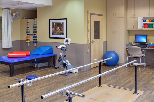 A well-equipped physical therapy room featuring exercise balls, balance bars, and rehabilitation equipment.